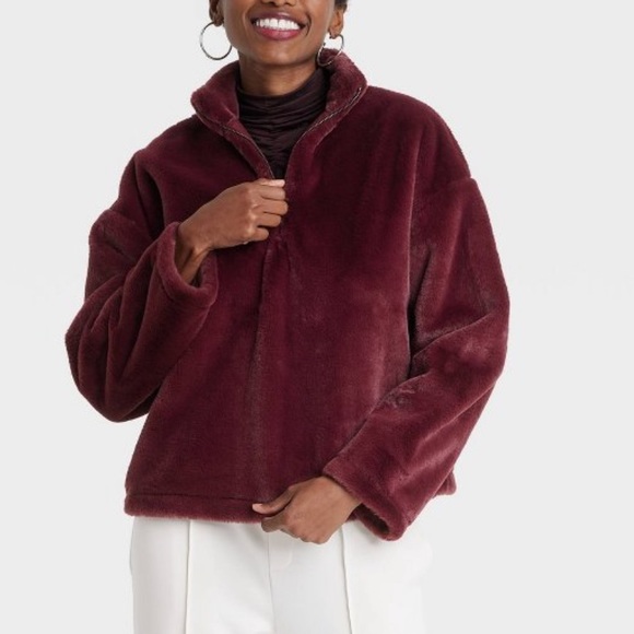 a new day Tops - A New Day Women's Faux Fur Quarter Zip Sweatshirt - Burgundy L